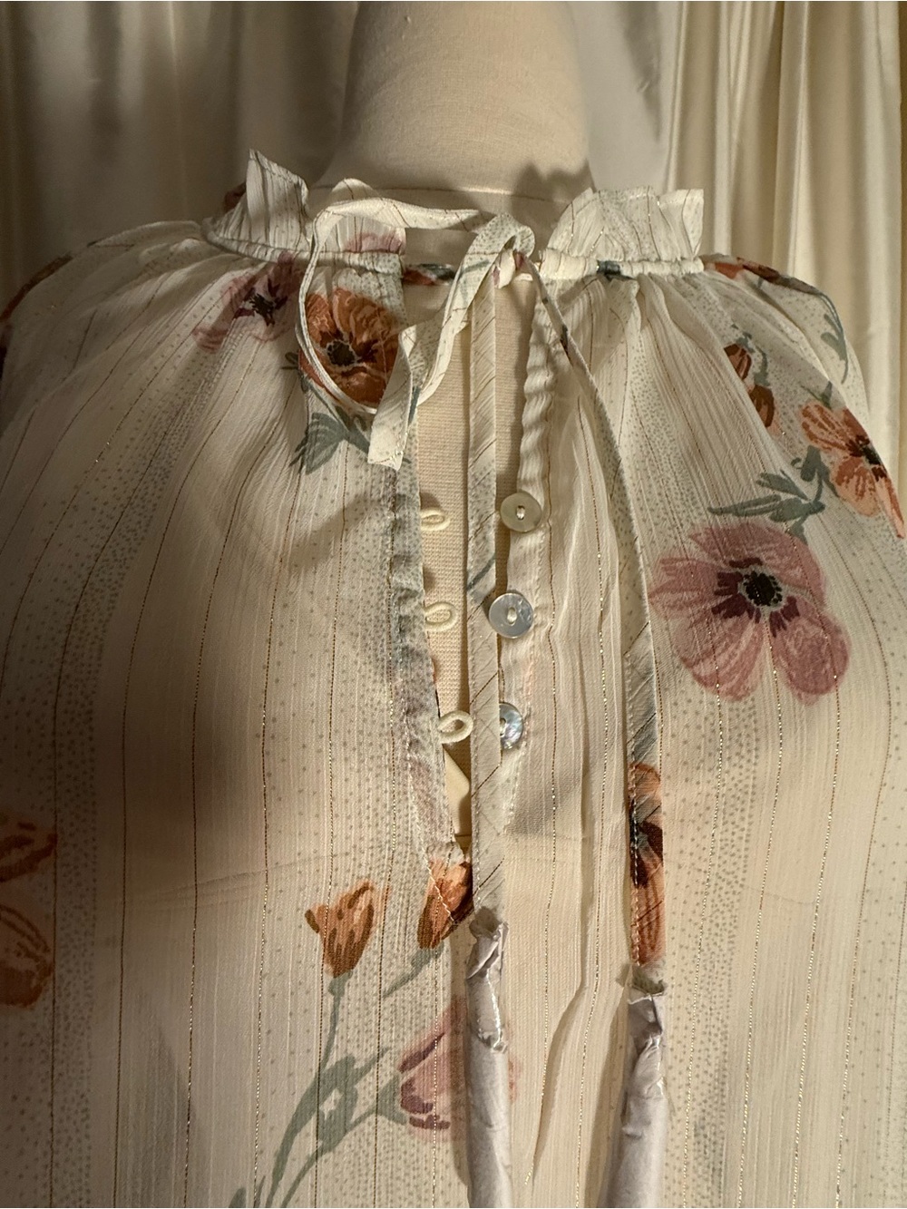 Lovestitch Floral Tie-Neck Peasant Blouse - Cream with Pink & Tan Flowers - Picture 3 of 8